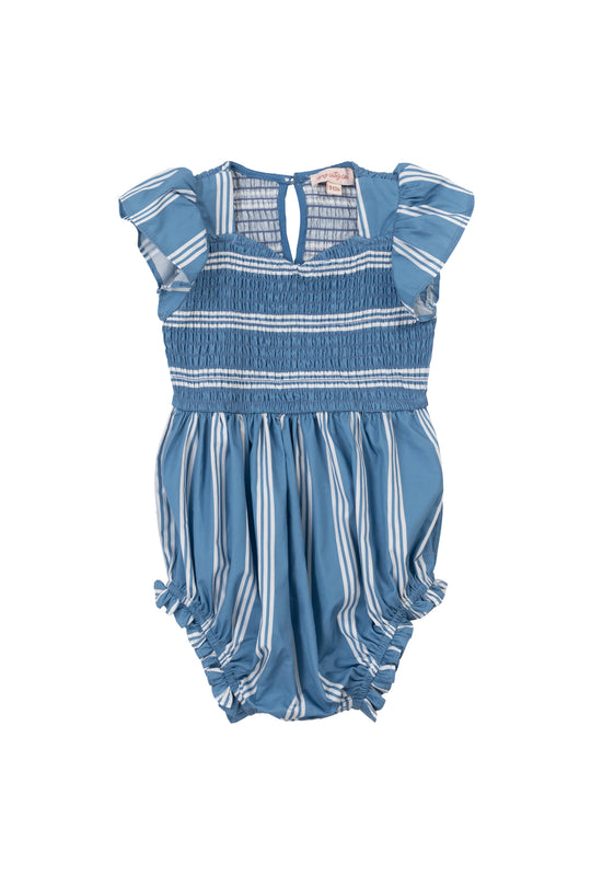 The Baby Adelaide Romper in Blue by Ivy City Co features blue and white stripes, ruffled cap sleeves, a smocked bodice, gathered leg openings, a keyhole button back closure, and a flared bottom for easy movement.
