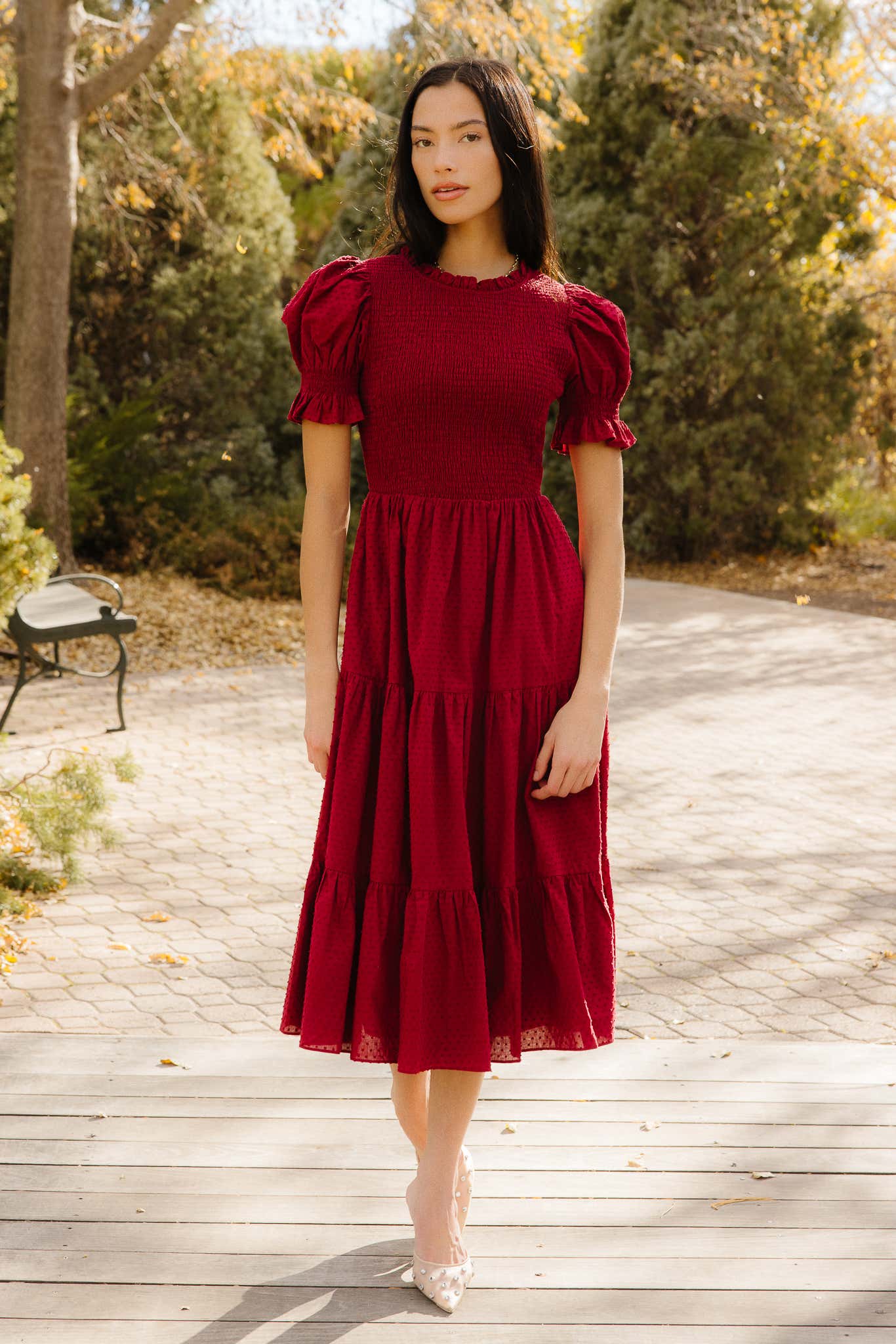 burgundy dress fall photos Cordelia in 1X adhesive bra