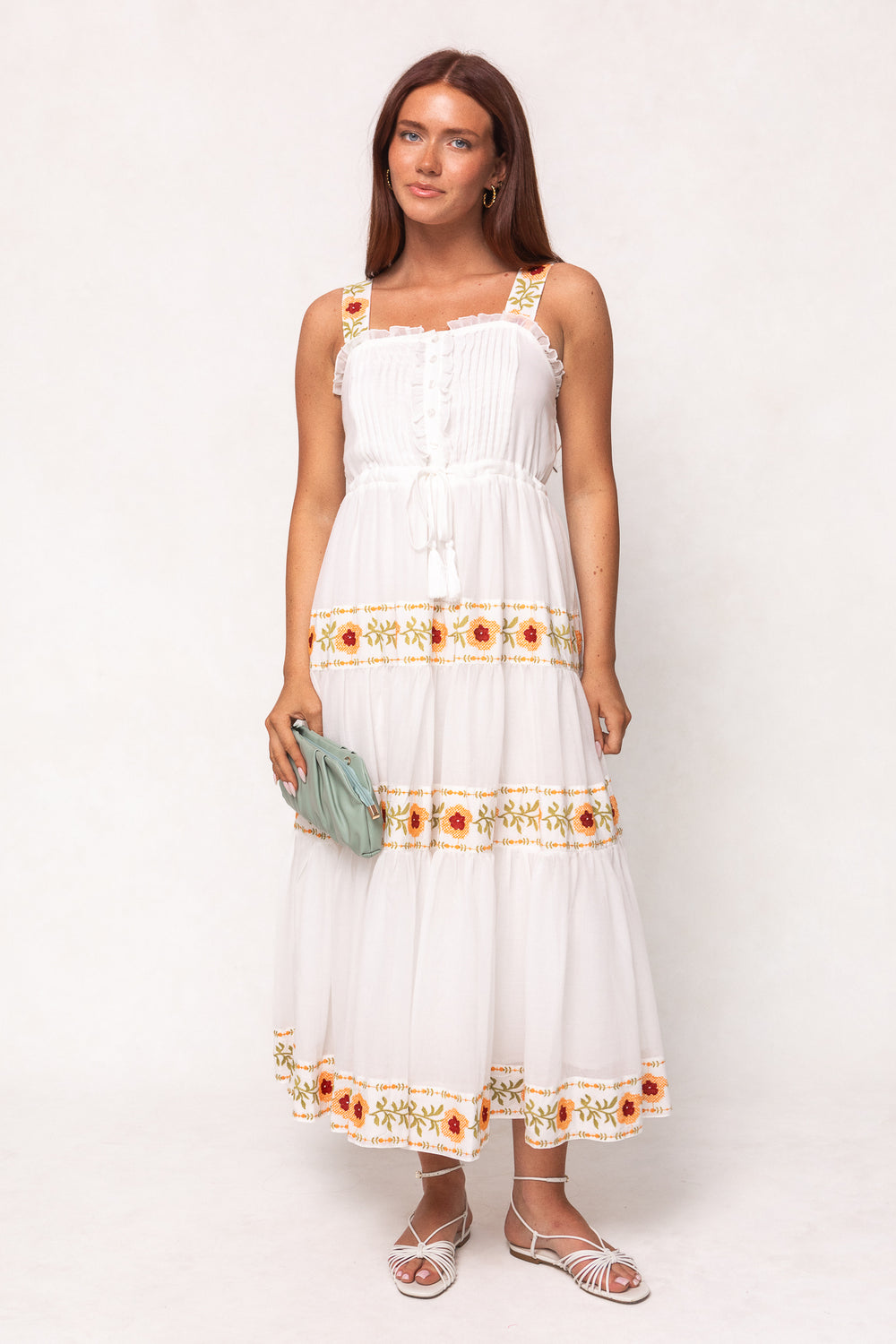 Katerina Dress in White with Floral Trim