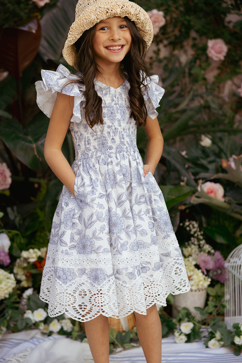 Girls Hattie Midi Dress – Blue Floral Cotton 3T