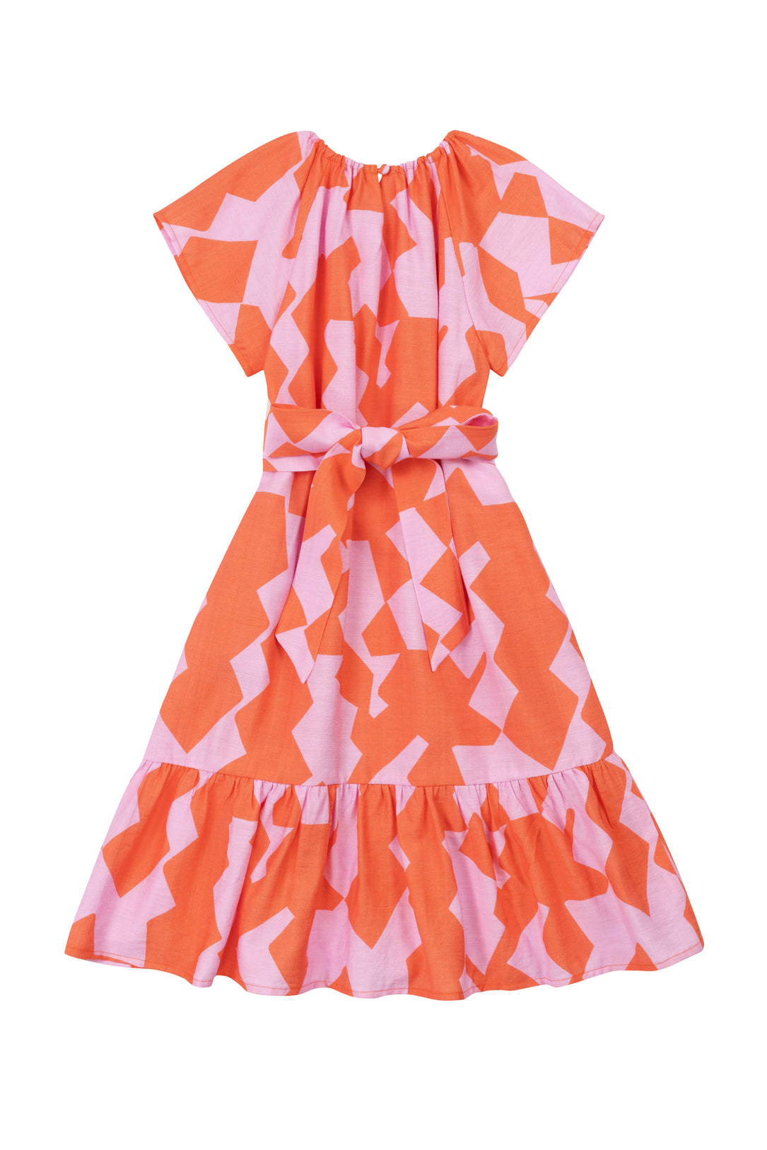 The Ivy City Co Mini Haven Dress in Geometric features short sleeves, a ruffled hem, an orange and pink print, and a matching fabric belt—making it the perfect girls maxi dress for any occasion.