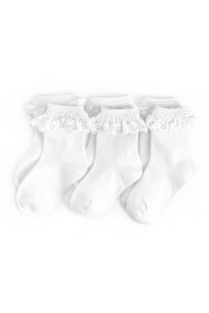 A set of three White Lace Midi Socks from Ivy City Co, neatly arranged in a row on a white background.