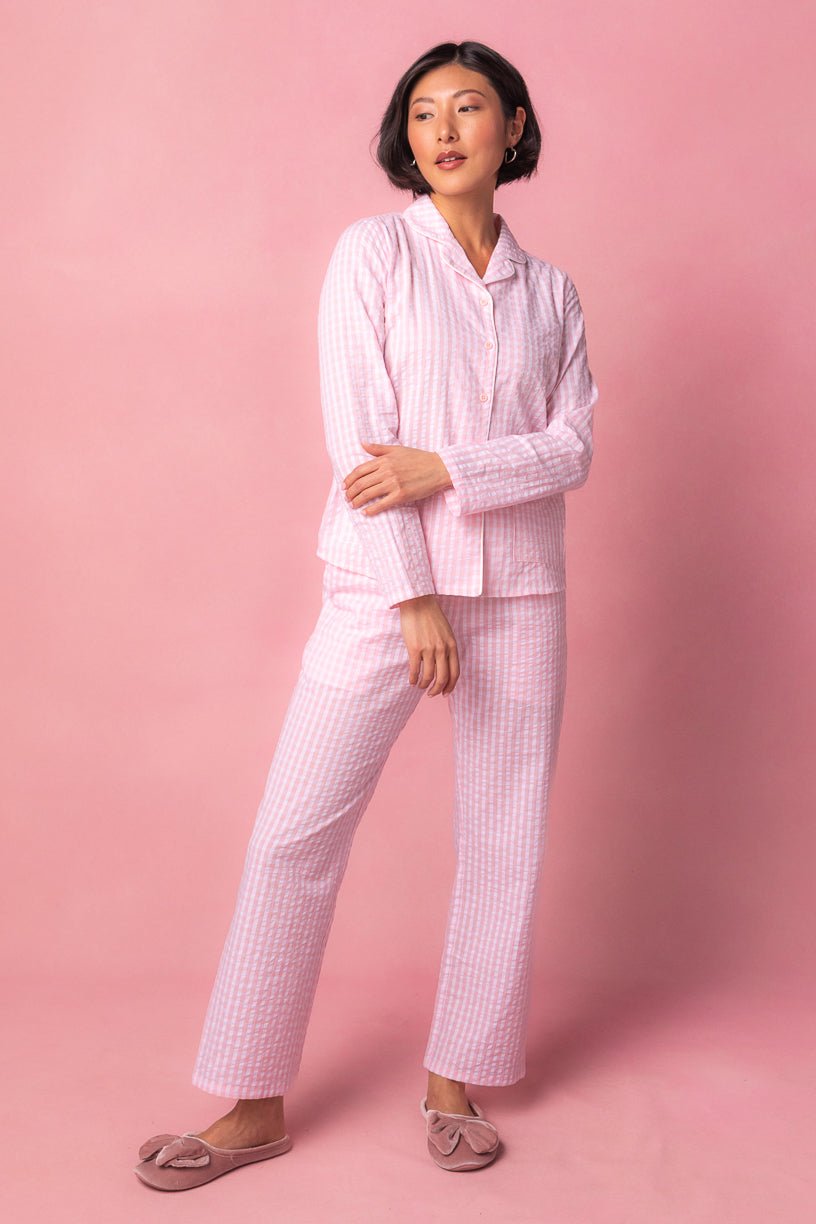 Camille Women's Fancy Pink Gingham Long Sleeved Pajama Set In