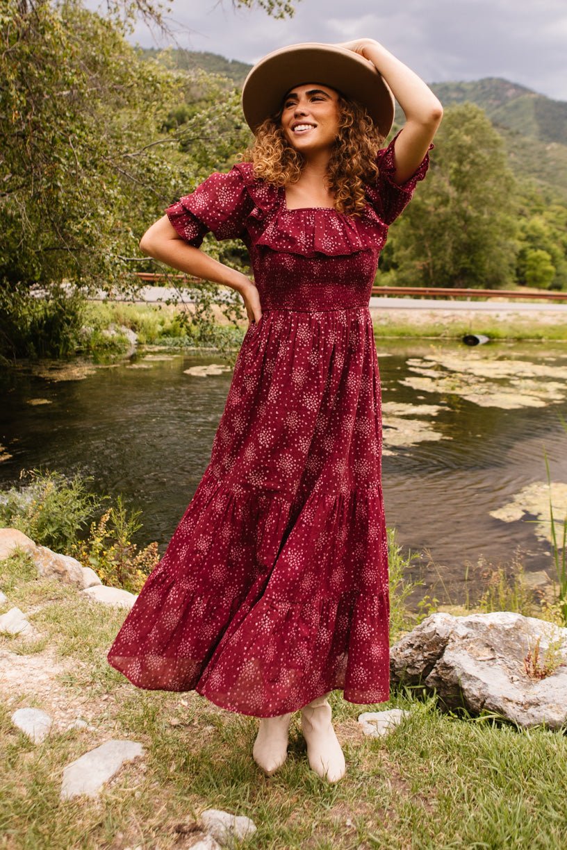 Wine floral best sale maxi dress