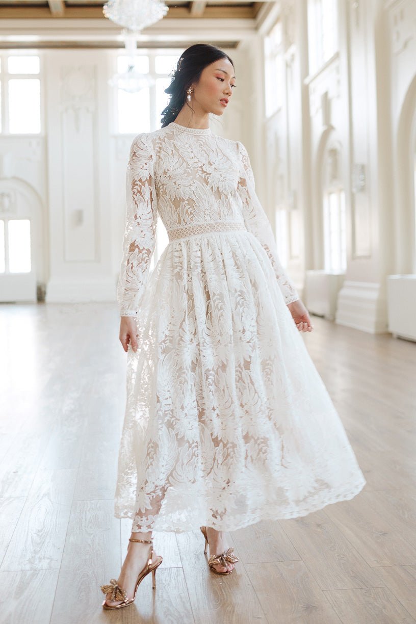 Naples Dress in White Lace With Champagne Lining Midi Dress – Ivy