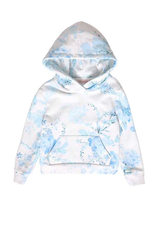The Mini Kian Hooded Sweatshirt in Blue Aquarelle Fleur by Ivy City Co is a girls’ hooded sweatshirt with long sleeves and a front pocket, displayed flat on a white background. Perfect for matching mom and daughter outfits, it features a charming light blue floral print.