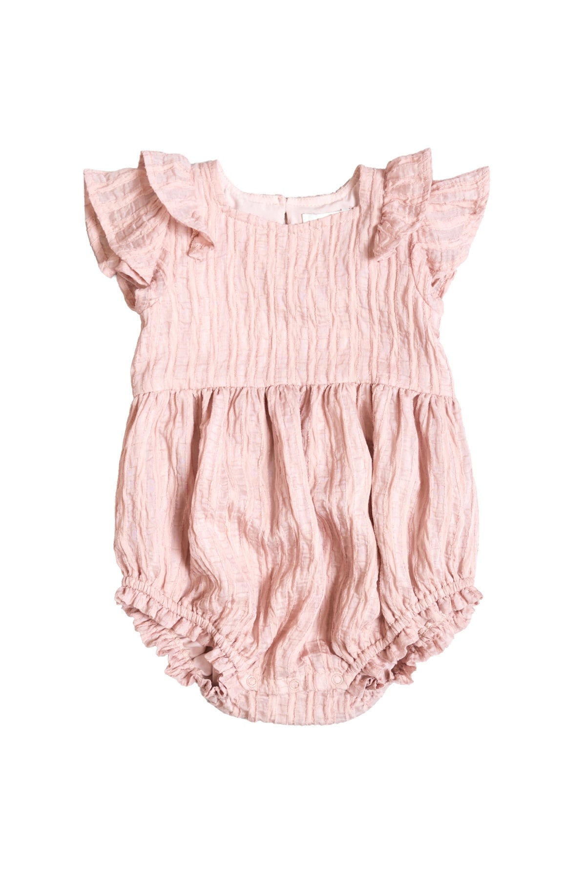 The Baby Hattie Romper in Pink Stripes by Ivy City Co features ruffled short sleeves, a gathered waist, and elastic leg openings. Crafted from textured fabric with subtle pink stripes, this light pink romper is ideal for Mom and Me matching moments. Displayed on a white background.
