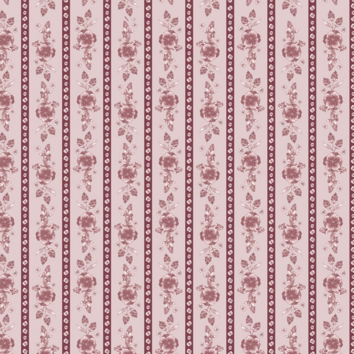 Vertical stripes adorned with vintage rose patterns in shades of pink and burgundy create an elegant floral look on the Felicity Floral Wallpaper by Loomwell. The word “ROSE” is featured in crisp white text atop a semi-transparent gray bar near the bottom, enhancing the custom printed design. This removable wallpaper from Loomwell Home Goods brings both beauty and flexibility to your décor, making it a charming addition to any space.