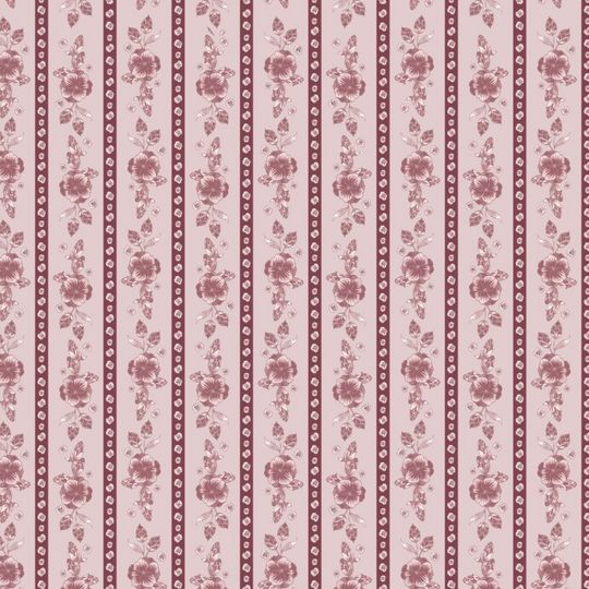 Vertical stripes adorned with vintage rose patterns in shades of pink and burgundy create an elegant floral look on the Felicity Floral Wallpaper by Loomwell. The word “ROSE” is featured in crisp white text atop a semi-transparent gray bar near the bottom, enhancing the custom printed design. This removable wallpaper from Loomwell Home Goods brings both beauty and flexibility to your décor, making it a charming addition to any space.