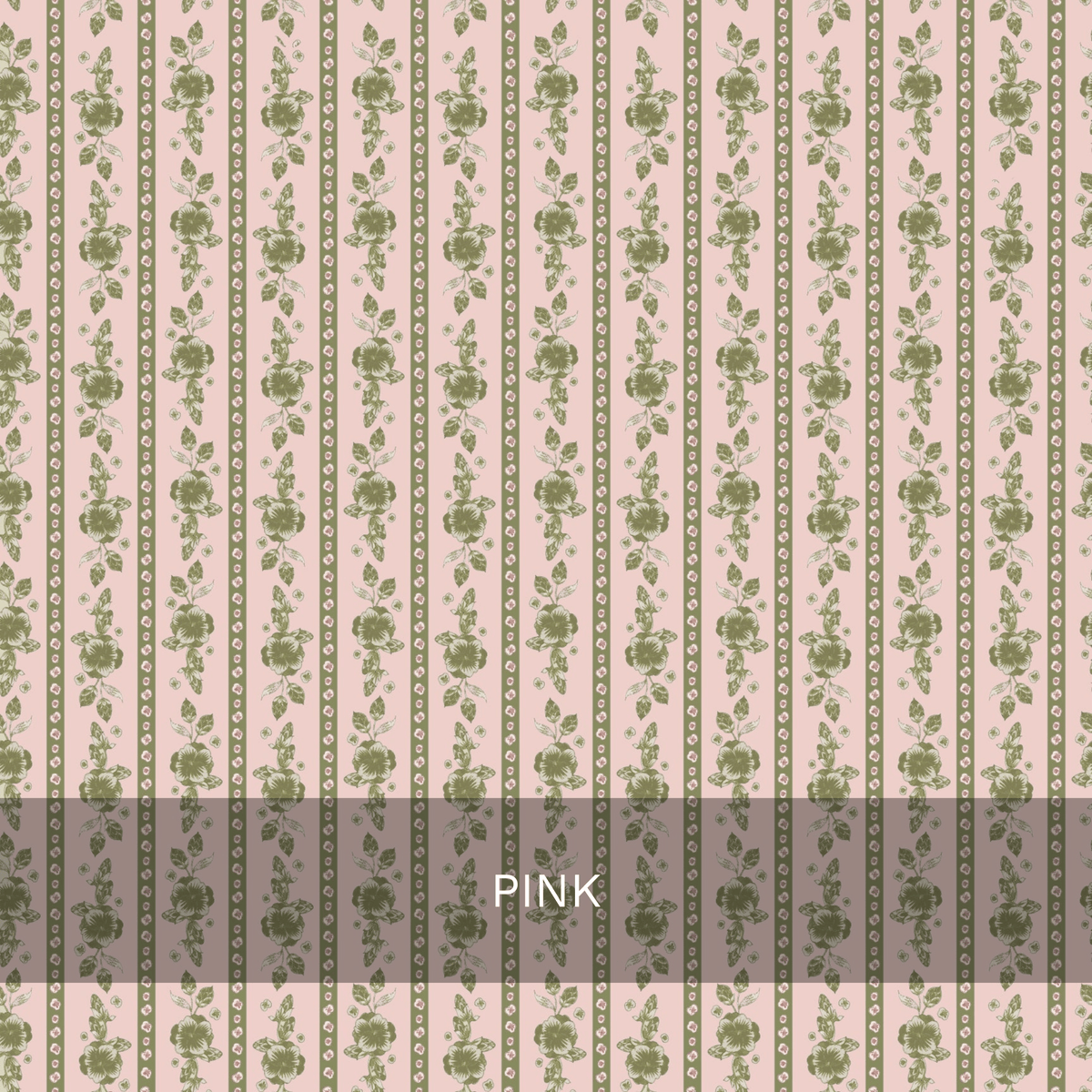 Vertical green floral stripes with dotted borders adorn a light pink background in the Felicity Floral Wallpaper by Loomwell. The word “PINK” is displayed in white text, centered within a dark transparent box near the bottom. This charming wallpaper design from Loomwell Home Goods is perfect for refreshing any space and is available as removable wallpaper for effortless installation and updates.