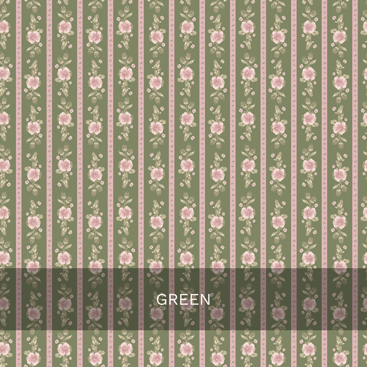 Vertical stripes of pink roses and green leaves alternate with green and pink bands, creating a vintage-inspired pattern in the Felicity Floral Wallpaper by Loomwell. Perfect for custom printed wallpaper, this design from Loomwell Home Goods adds timeless charm to any space. The word GREEN appears in white text on a translucent gray bar at the bottom.