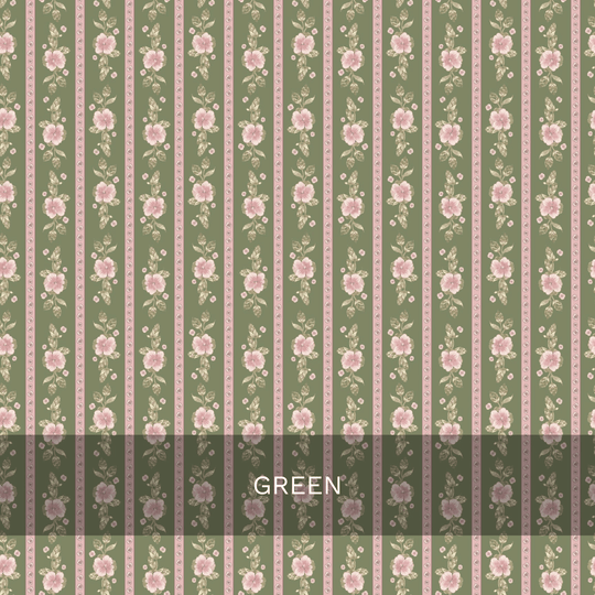 Vertical stripes of pink roses and green leaves alternate with green and pink bands, creating a vintage-inspired pattern in the Felicity Floral Wallpaper by Loomwell. Perfect for custom printed wallpaper, this design from Loomwell Home Goods adds timeless charm to any space. The word GREEN appears in white text on a translucent gray bar at the bottom.