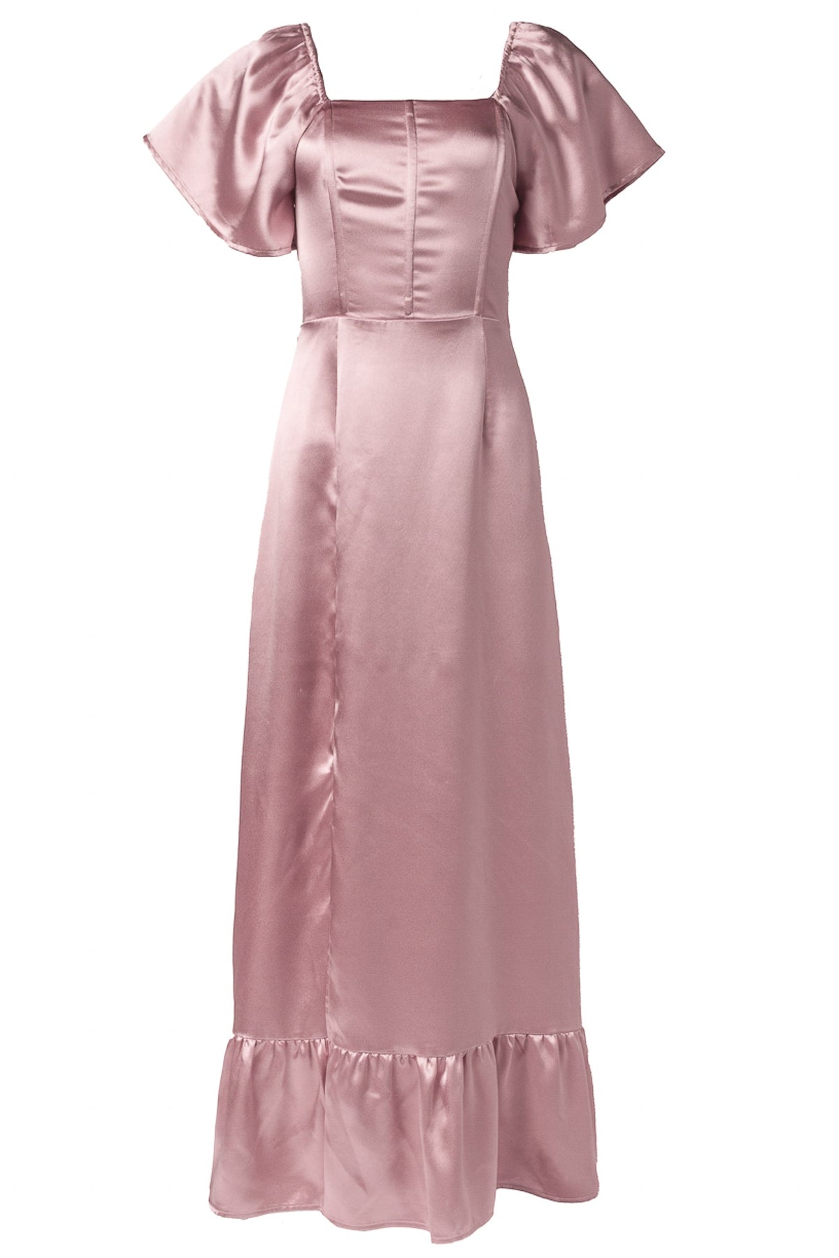 The Maddie Dress in Blush Satin by Ivy City Co features a long, blush satin silhouette with short flutter sleeves, a square neckline, a fitted bodice, and a ruffled hem—making it an elegant choice for bridesmaids or any special occasion.