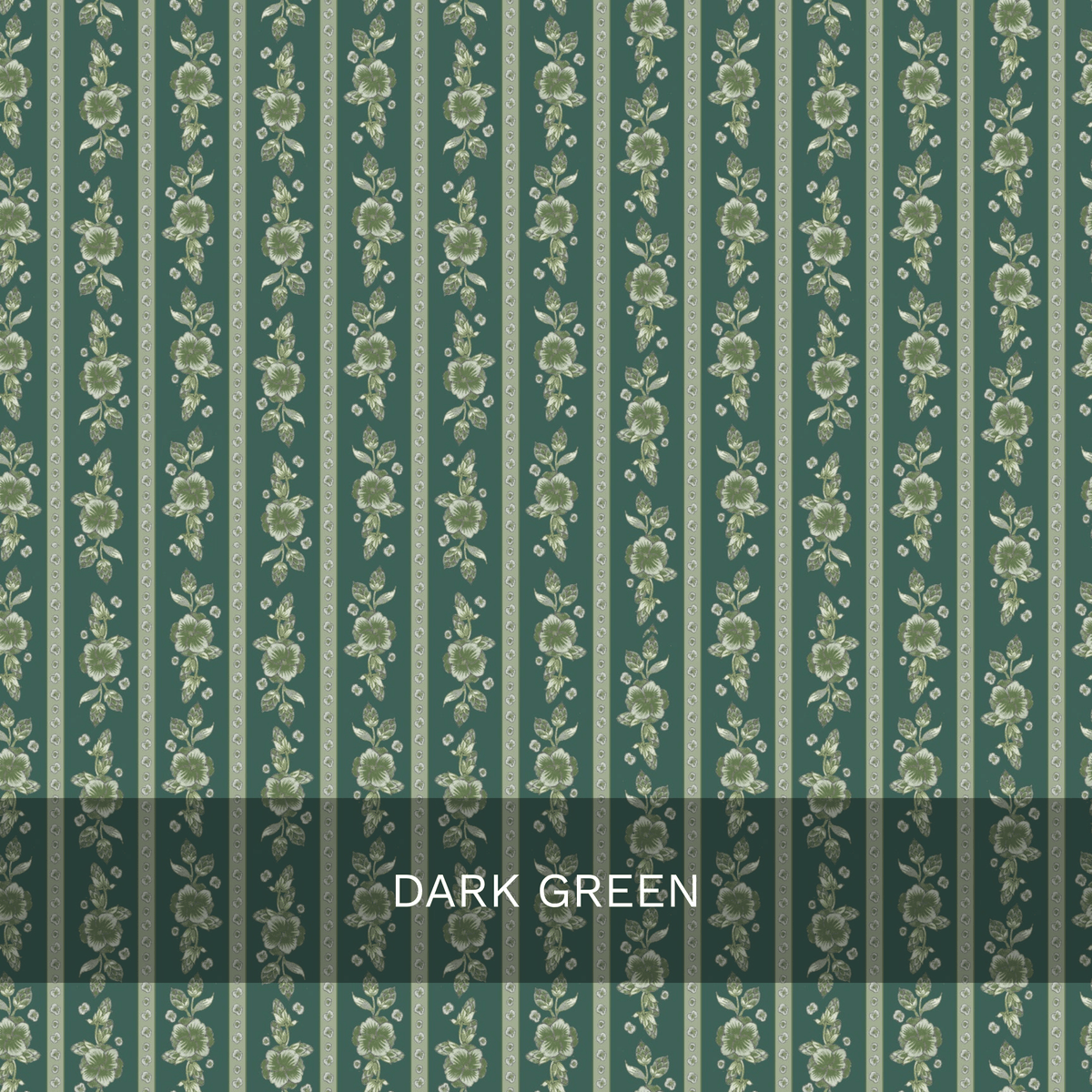Vertical stripes with light green floral patterns on a dark green background create an elegant look in the Felicity Floral Wallpaper by Loomwell. A transparent black box at the bottom center displays the text DARK GREEN in white capital letters, making it ideal for showcasing custom printed or removable wallpaper options from Loomwell Home Goods.