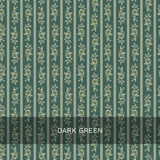 Vertical stripes with light green floral patterns on a dark green background create an elegant look in the Felicity Floral Wallpaper by Loomwell. A transparent black box at the bottom center displays the text DARK GREEN in white capital letters, making it ideal for showcasing custom printed or removable wallpaper options from Loomwell Home Goods.