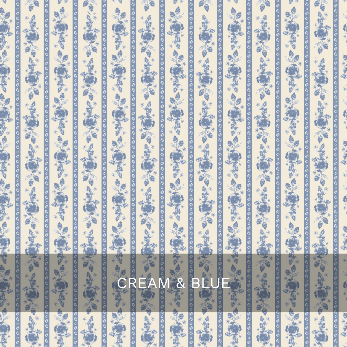 Vertical stripes with blue floral patterns alternate on a cream background, creating an elegant design in the Felicity Floral Wallpaper by Loomwell. A semi-transparent gray banner across the bottom displays the text CREAM & BLUE in white, making this removable wallpaper from Loomwell Home Goods a stylish and versatile choice for any room.
