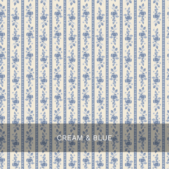 Vertical stripes with blue floral patterns alternate on a cream background, creating an elegant design in the Felicity Floral Wallpaper by Loomwell. A semi-transparent gray banner across the bottom displays the text CREAM & BLUE in white, making this removable wallpaper from Loomwell Home Goods a stylish and versatile choice for any room.