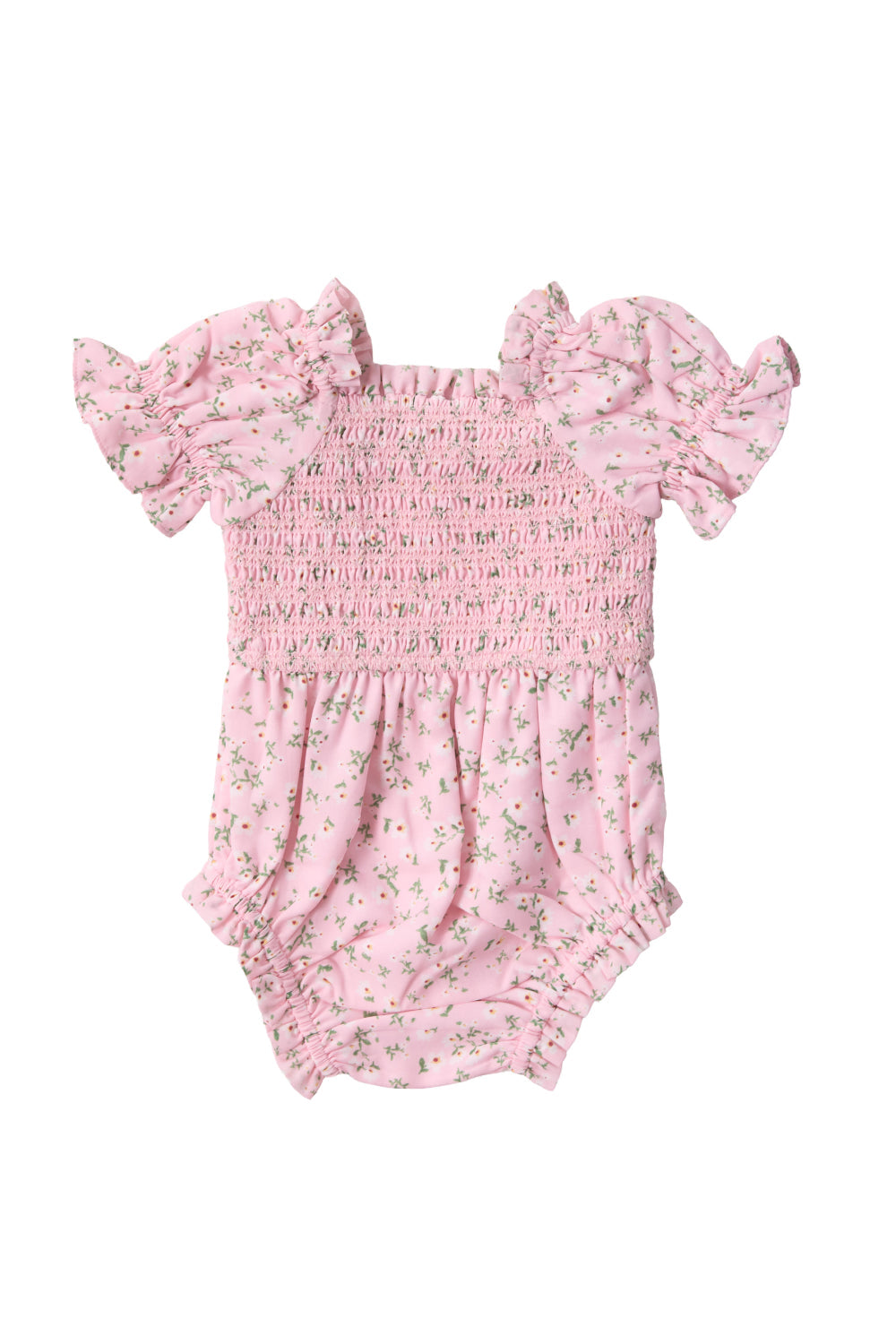 The Baby Valencia Romper in Pink Ditsy Floral by Ivy City Co features ruffled sleeves, a smocked bodice, and a charming green floral print throughout. This adorable baby romper offers elastic leg openings and a soft, gathered design for added comfort and style.