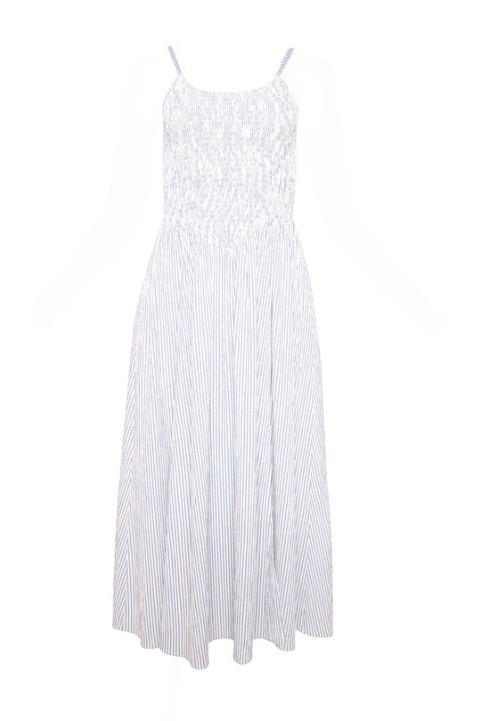 Light blue and white pinstripe sleeveless Maxwell Dress in Blue & White Pinstripe by Ivy City Co, featuring thin shoulder straps, a fitted smocked bodice, and a loose, flowing midi skirt—maternity friendly design displayed on a white background.