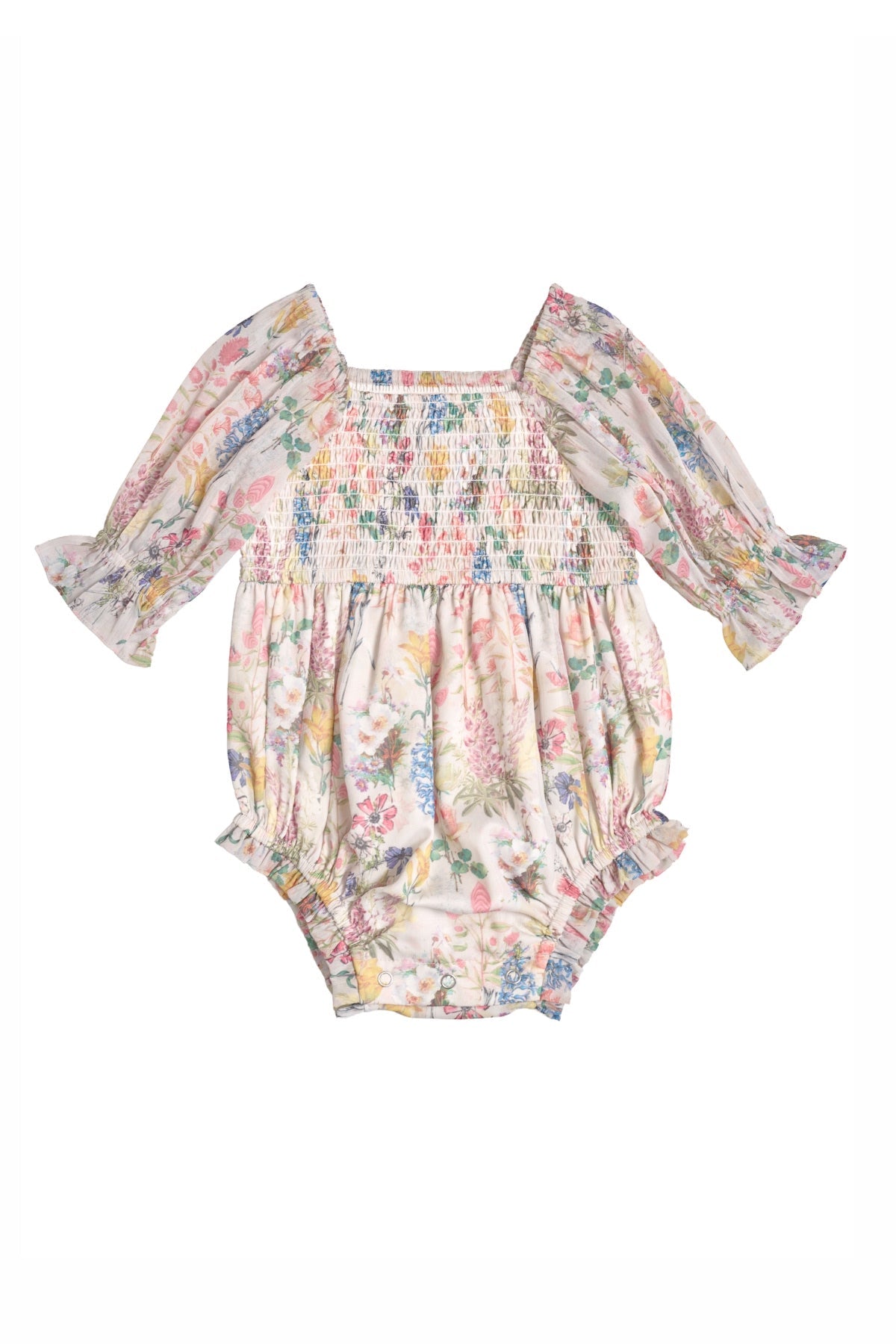 The Ivy City Co Baby Madeline Romper in Cordelia Floral showcases a charming pastel floral print, ruffled cuffs, and elastic at the chest, sleeves, and leg openings—an adorable choice for matching mommy-and-me moments.