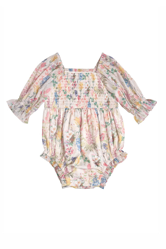The Ivy City Co Baby Madeline Romper in Cordelia Floral showcases a charming pastel floral print, ruffled cuffs, and elastic at the chest, sleeves, and leg openings—an adorable choice for matching mommy-and-me moments.