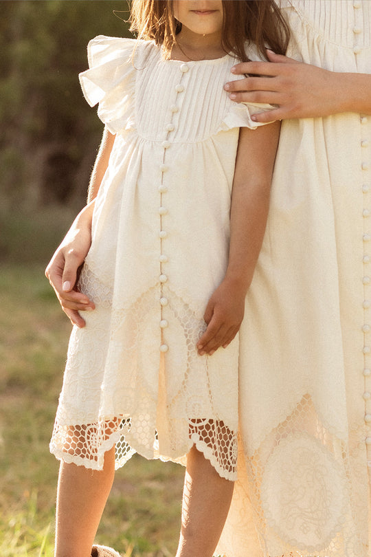 cotton ivory dress Mini Abigail in Antique Wide hem Wonder Golden Evening Dress Daughter:6-7years ship date 10/17-10/24