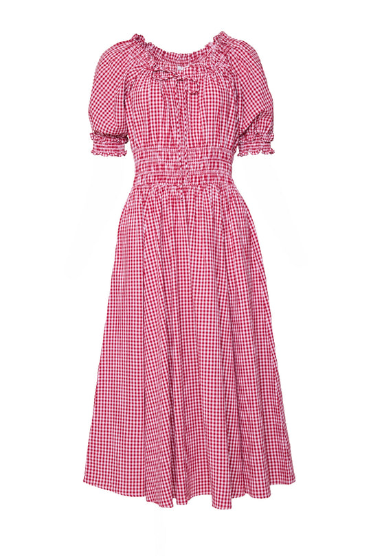 The Jessie Dress in Red Gingham by Ivy City Co features classic red and white gingham, short puff sleeves, a ruffled neckline, smocked waist, and a knee-length A-line skirt—an effortlessly stylish option that’s also nursing friendly for added versatility.