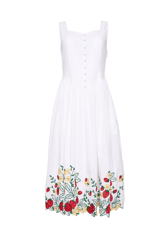 The Clarissa Dress in Strawberry by Ivy City Co is a white sleeveless dress featuring a fitted bodice, front buttons, and a flared skirt. Embroidered with vibrant red, yellow, and green floral accents along the hem, this elegant dress offers a charming finish.