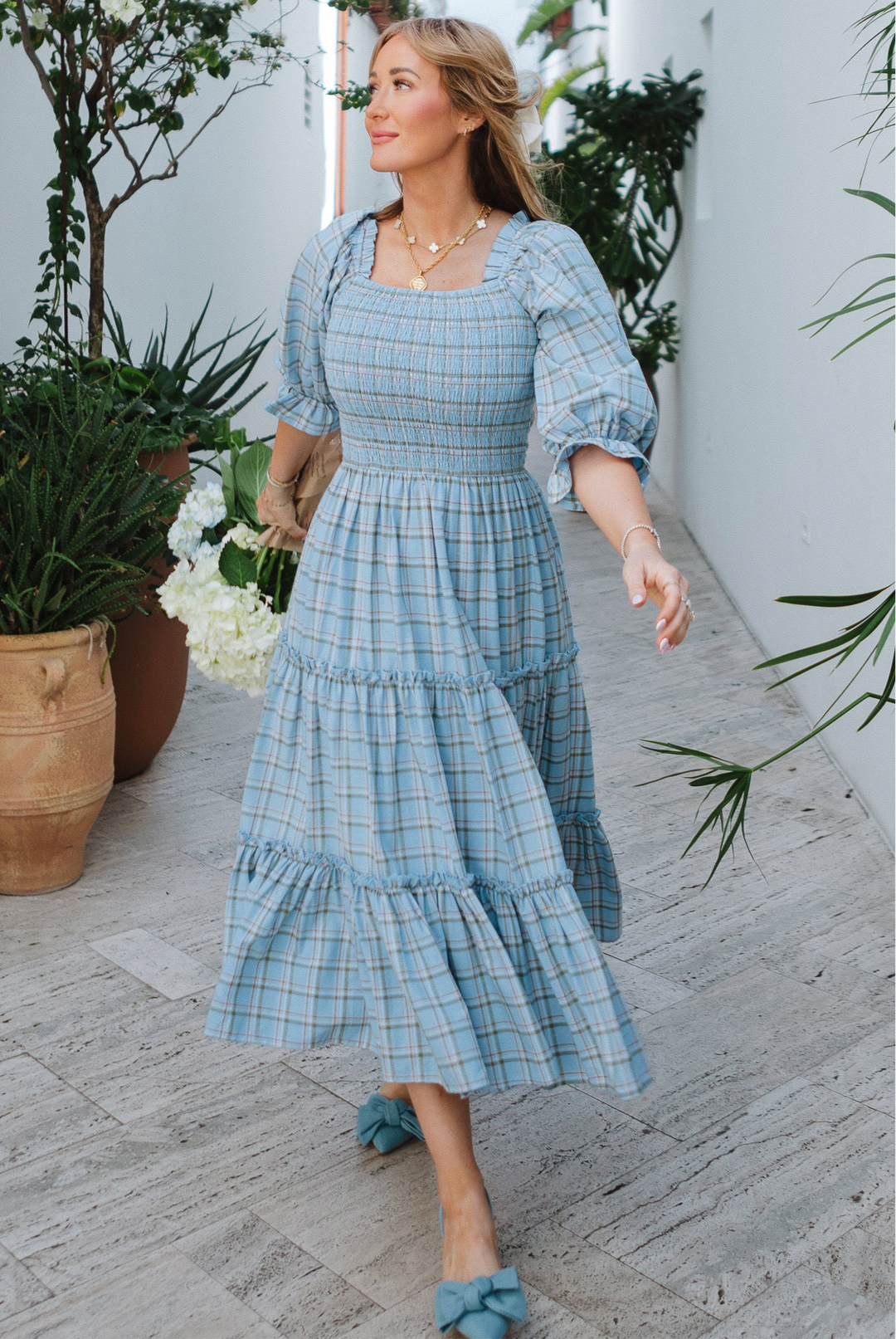 Madeline Dress in Light Blue Plaid