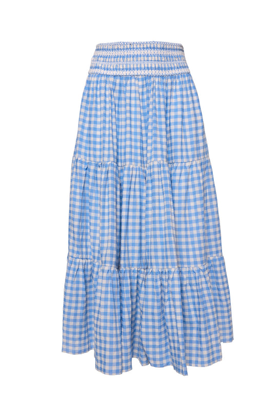 The Zoey Skirt in Blue Gingham by Ivy City Co features a classic blue and white gingham pattern, tiered midi design, smocked elastic waistband, and gathered seams—making it an ideal girls skirt for any occasion. Displayed against a white background.