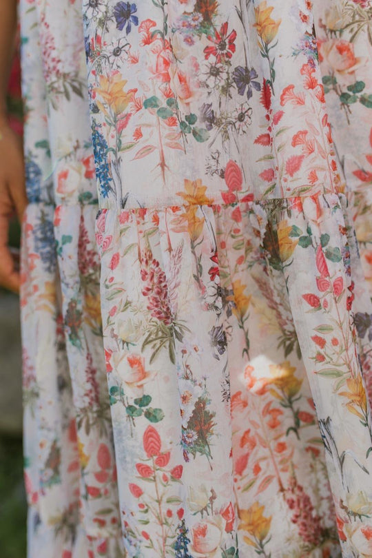A close-up of the Cordelia Floral Dress by Ivy City Co—a flowing, maternity-friendly midi dress adorned with a colorful pattern of pink, red, yellow, and blue flowers on a white background. A person’s hand is partially visible on the left.