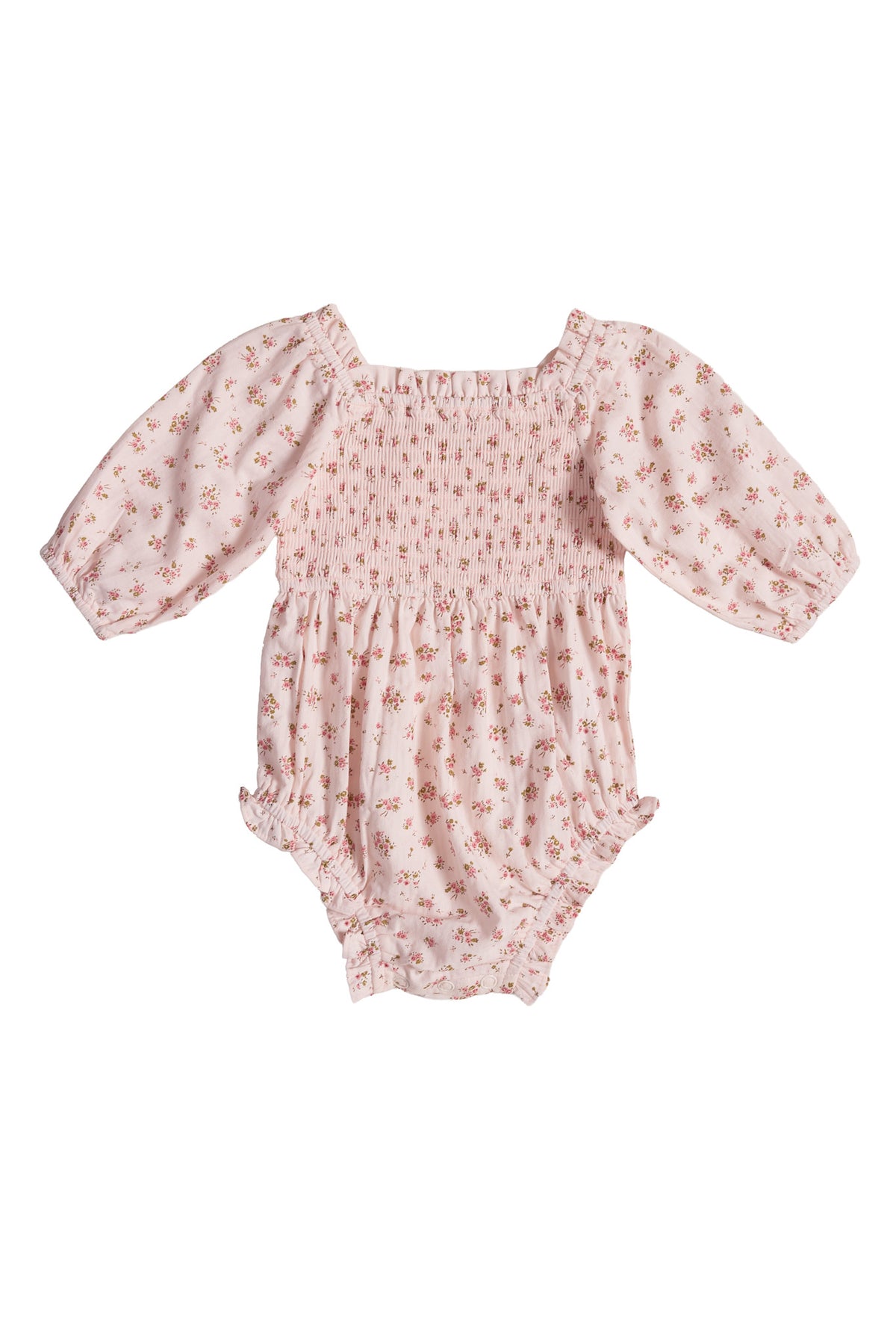 Dress your little one in Ivy City Co’s Baby Madeline Romper in Pink, featuring long sleeves, a square neckline, smocked bodice, and ruffled legs. The muted pink and brown floral print makes it perfect for an Easter outfit.