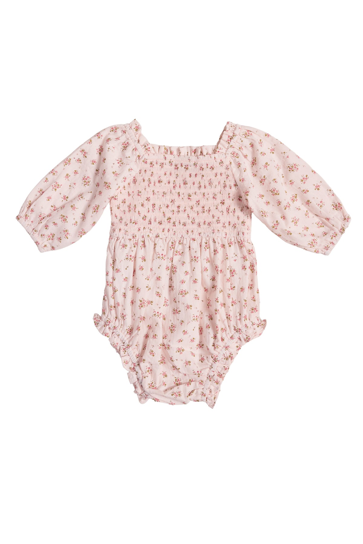 The Baby Madeline Romper in Pink by Ivy City Co features long puff sleeves, a square neckline, delicate floral print, smocked bodice, and ruffled leg openings—an adorable choice for Easter or any special occasion.