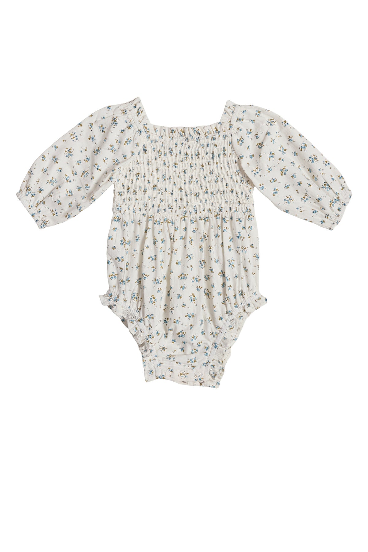 The Ivy City Co Baby Madeline Romper in Blue features long puffed sleeves, a square neckline, blue floral print, elastic leg openings, and crotch snaps—perfectly comfortable and ideal for your little one’s Easter outfit.