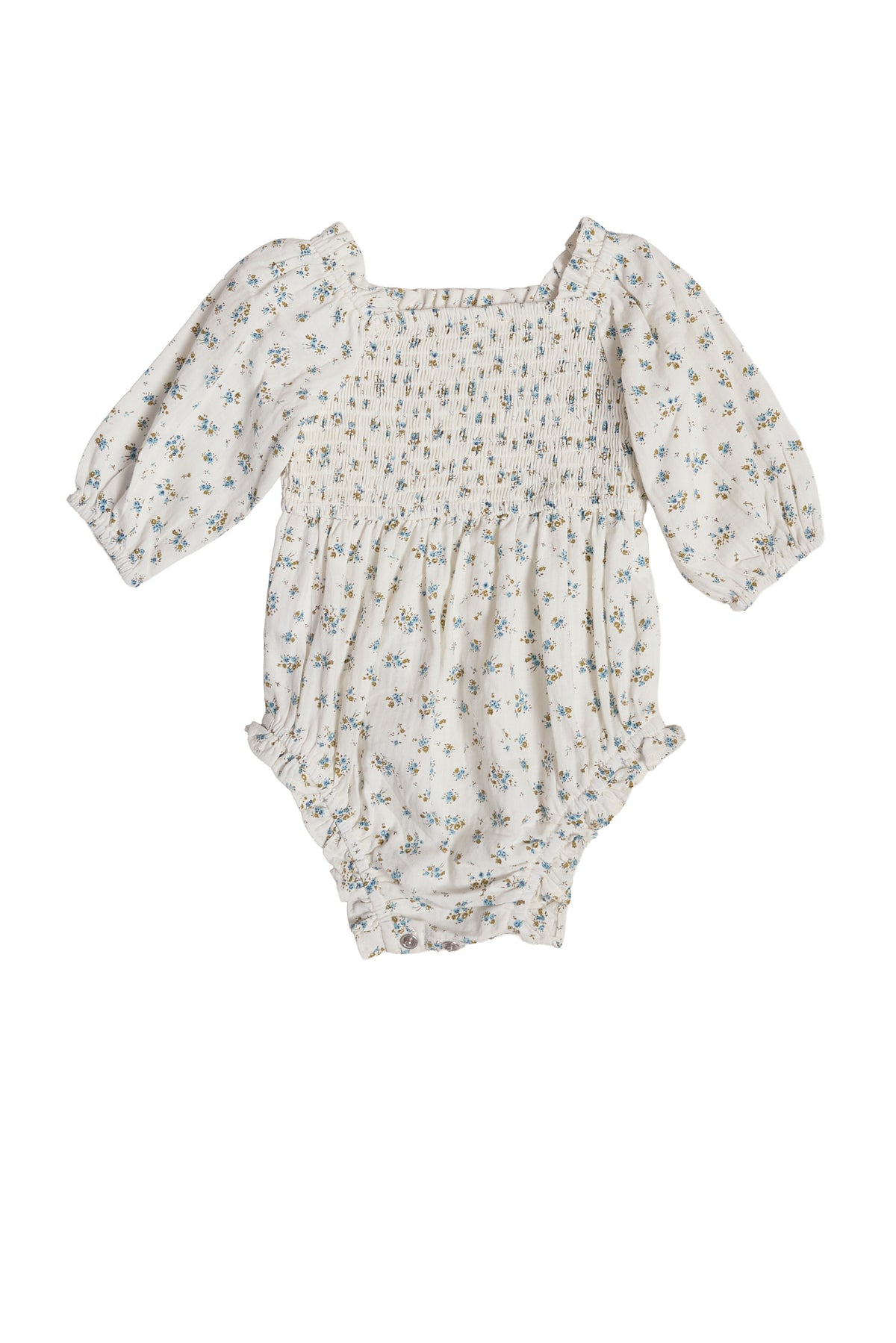 The Ivy City Co Baby Madeline Romper in Blue features long sleeves, a smocked design, and a charming floral print on white. With elastic cuffs for comfort, it makes an adorable Easter outfit for your little one.
