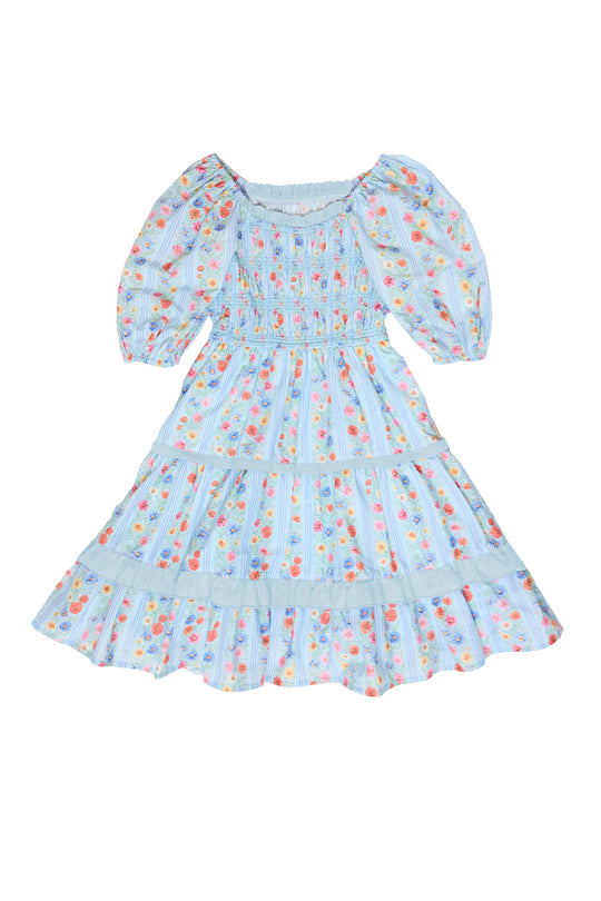 Mini Roselyn Dress in Blue Linear Floral Print
