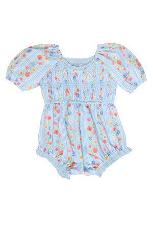 the front of a flat lay image of a blue floral baby romper agains a white background