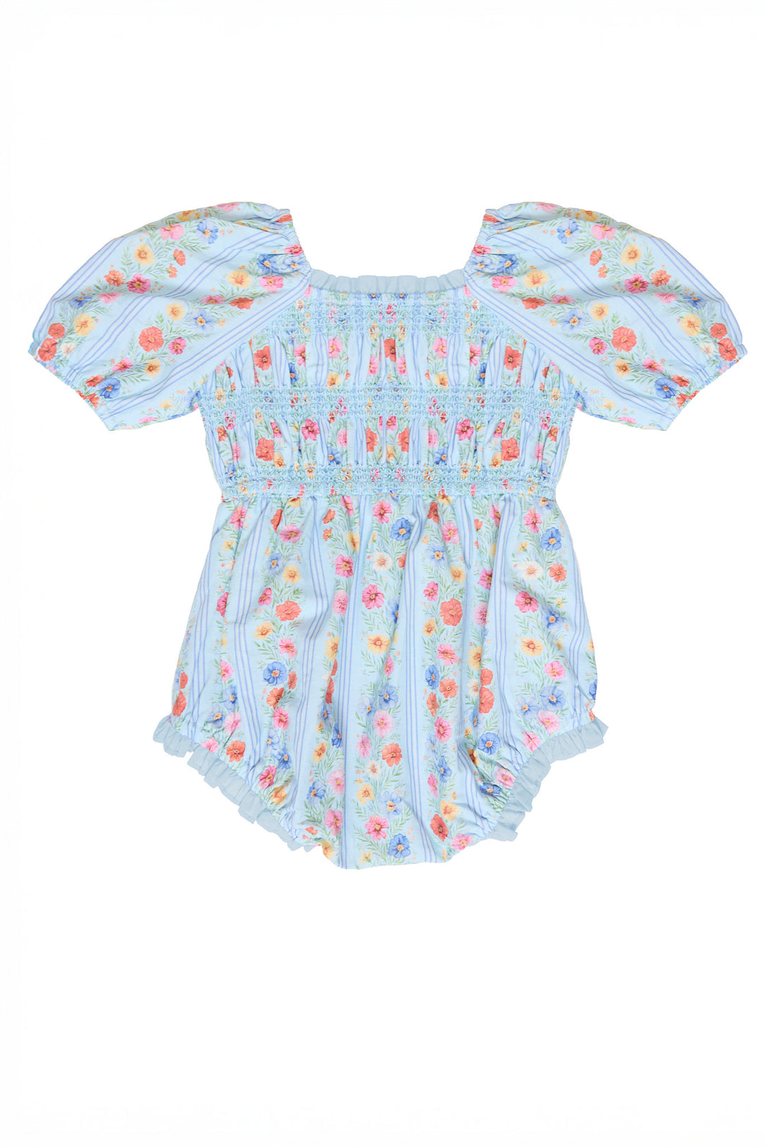 the back of a flat lay image of a blue floral baby romper agains a white background