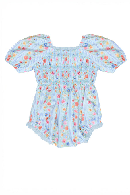 the back of a flat lay image of a blue floral baby romper agains a white background