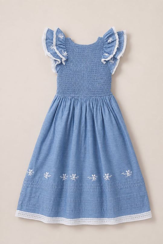 The Mini Hattie Dress in Embroidered Chambray by Ivy City Co is a blue, sleeveless cotton dress featuring ruffled white lace-trimmed shoulders, a smocked bodice, and delicate white floral embroidery along the hem. Designed with vintage-inspired charm, this classic dress has a gathered knee-length skirt.