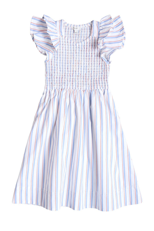 The Mini Hattie Dress in Heritage Stripe by Ivy City Co features light blue fabric with red, blue, and white vertical stripes, ruffled short sleeves, and a smocked bodice. Its gathered skirt flows out from the waist, making it an ideal choice for a Mom and Me matching Fourth of July outfit. The dress is displayed on a white background.