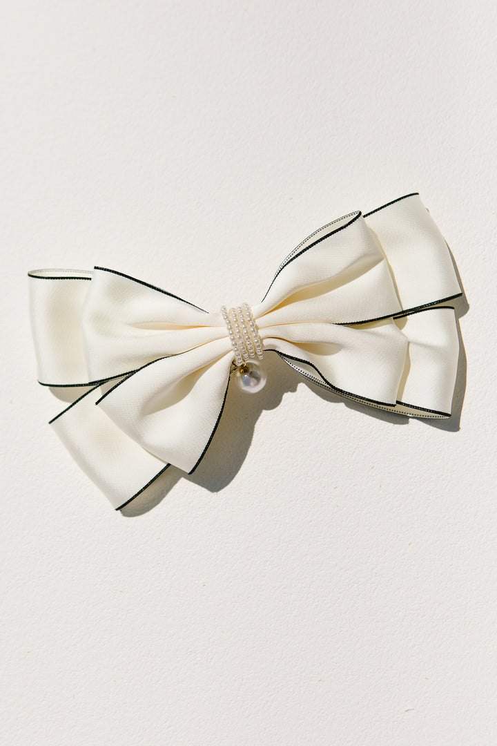 Ivory with Pearls and Black Trim Bow Clip