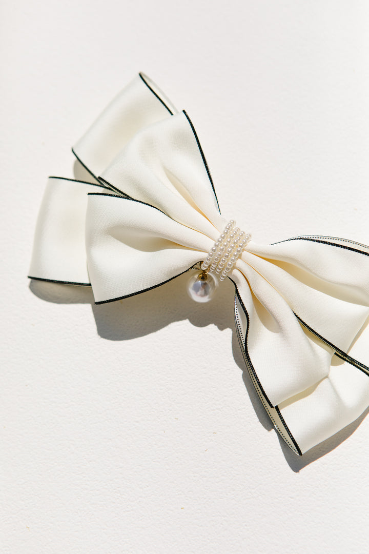 Ivory with Pearls and Black Trim Bow Clip