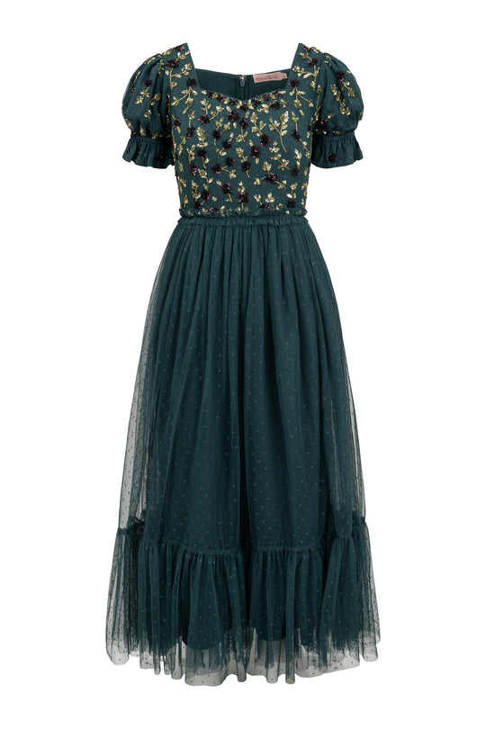 Green floral dress with a tulle skirt on a white background