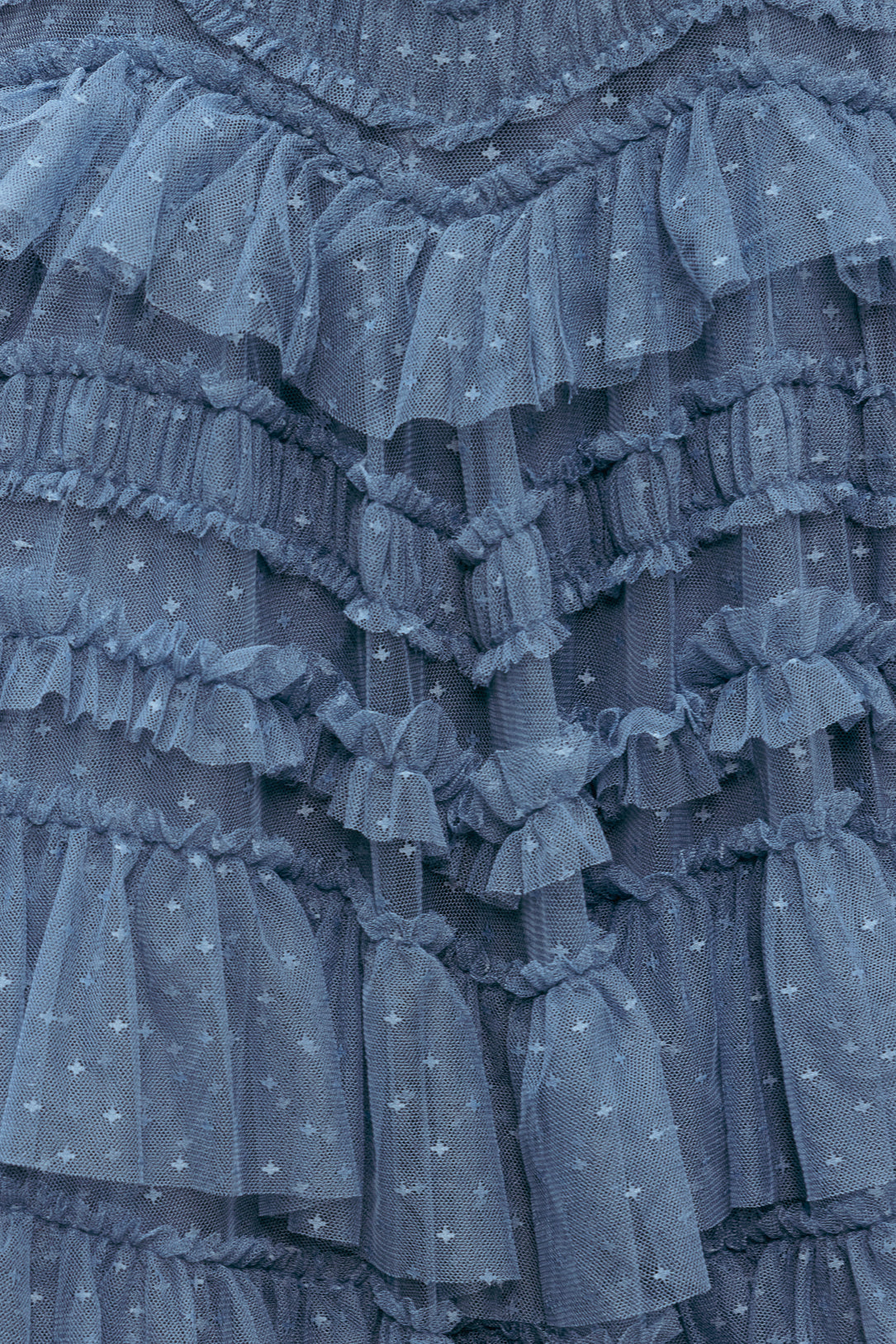 Close-up of a blue ruffled fabric with star patterns