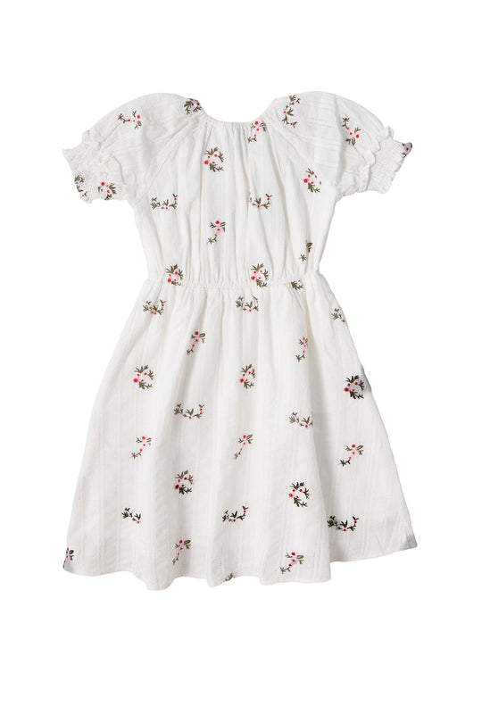 The Mini Jessie Dress in Ditsy Embroidery by Ivy City Co features short sleeves, a gathered waist, and delicate pink and green floral embroidery scattered across white embroidered cotton fabric, shown here on a plain white background.