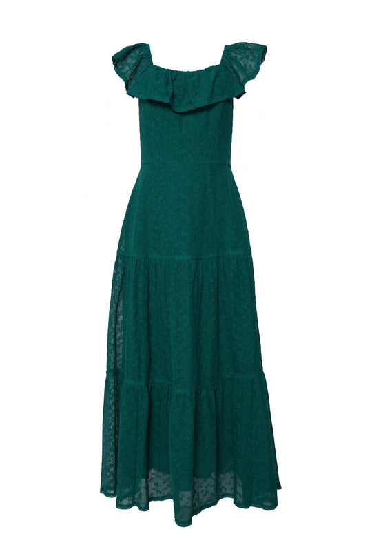 The Alaina Dress in Deep Sea Lace by Ivy City Co is a sleeveless, ankle-length green dress featuring a ruffled neckline and tiered skirt, made from light, textured fabric inspired by oceanic lace.
