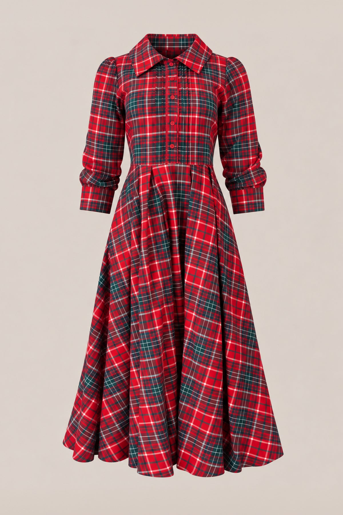 The Ivy City Co Amber 3/4 Sleeve Dress in Christmas Cheer Plaid is a girls’ dress with a fitted waist and flared skirt, featuring festive red, green, and white plaid and stylish button-up details.