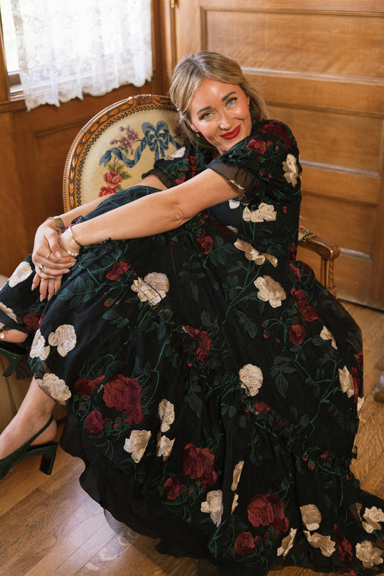 Amora Dress in Obsidian Rose Embroidery