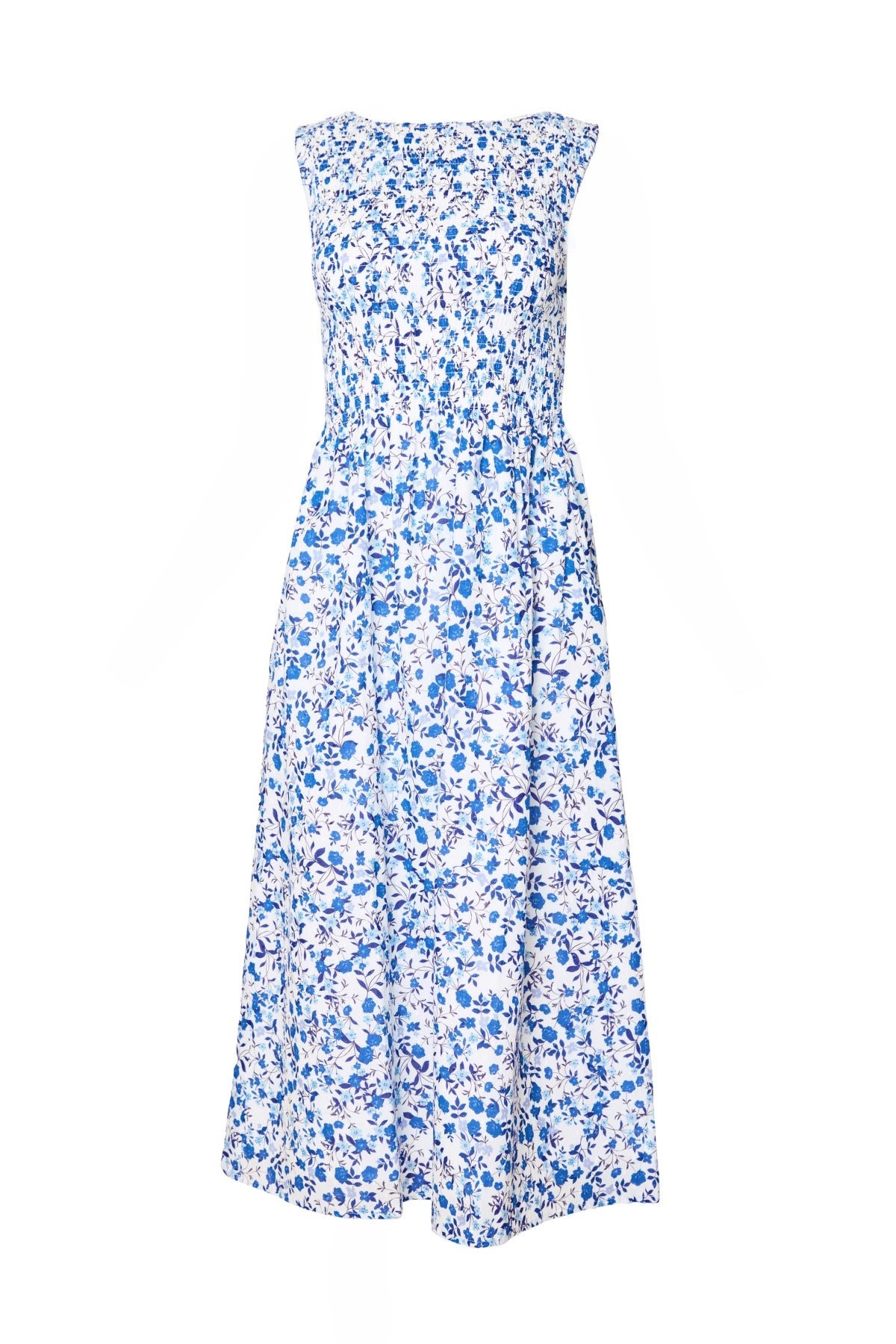 The Ana Dress in Ditsy Cobalt Floral by Ivy City Co is a sleeveless, ankle-length cotton maternity dress with a fitted bodice, flared skirt, and white background with blue floral print—perfect for comfortable summer style.